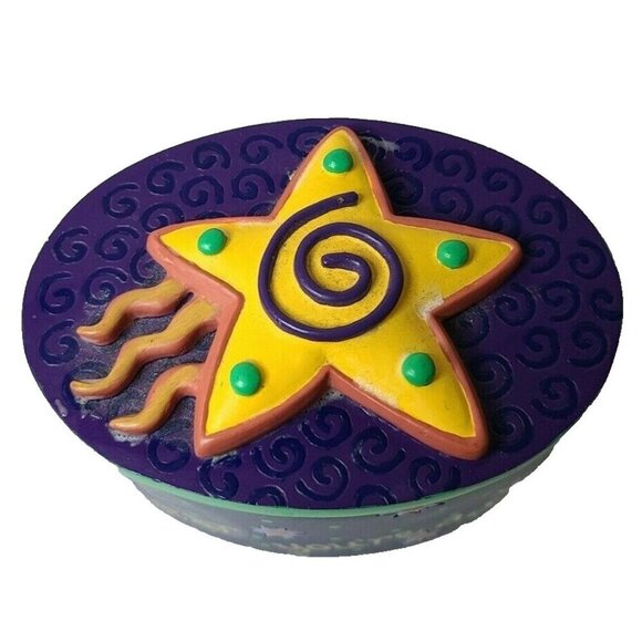 VTG Bright Star Designs Blue Yellow 3D Star Lid Footed Jewelry Trinket Box Retro - Picture 1 of 10